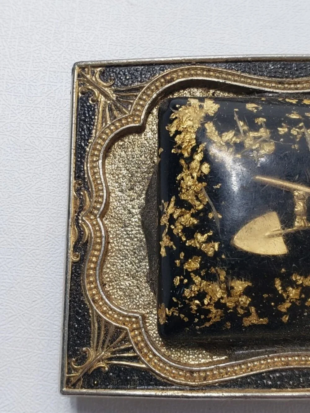 Vintage Gold Tone Black Mining Prospector Pick Shovel Western Belt Buckle